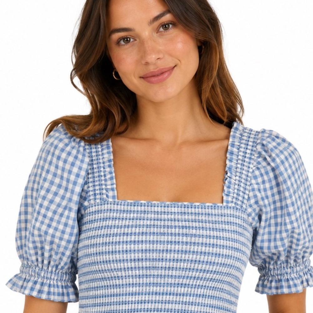 Cece Gingham Crop Top Puff Sleeve Smocked Coquette Blouse Milkmaid Size S